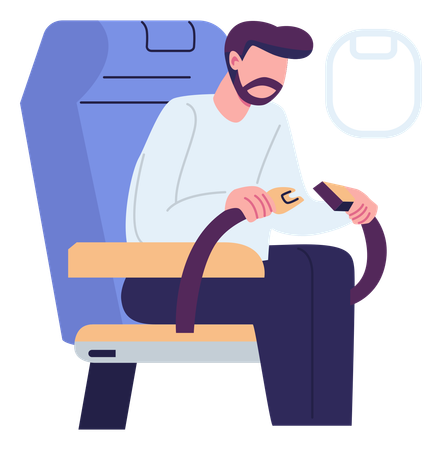 Young man fastens seat belt on plane  Illustration