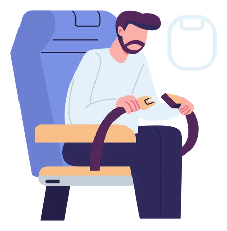 Young man fastens seat belt on plane  Illustration