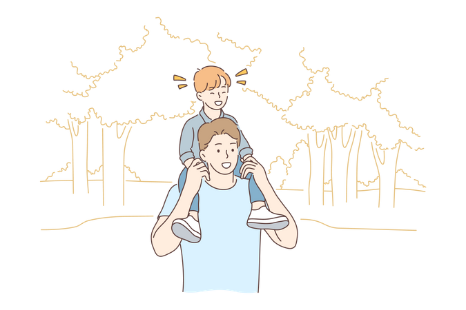 Young man father carrying and walking with son on shoulders in park  Illustration