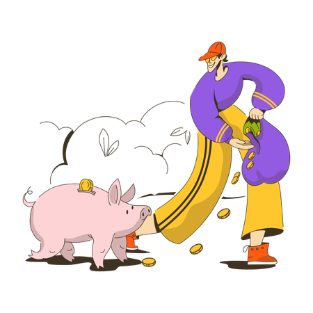 Young man feeds coins to pig  Illustration