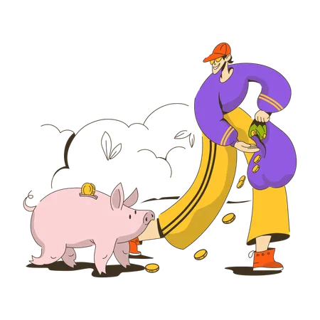 Young man feeds coins to pig  Illustration