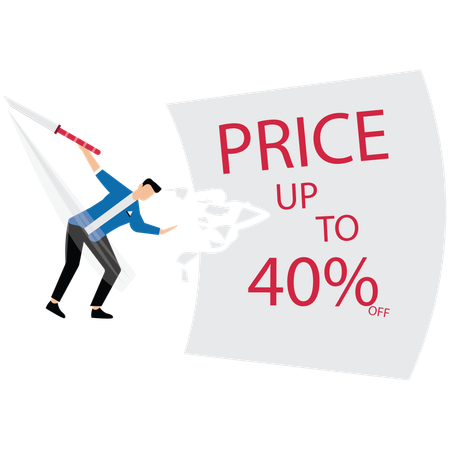Young man fighting with Sale and discounts cut prices  Illustration