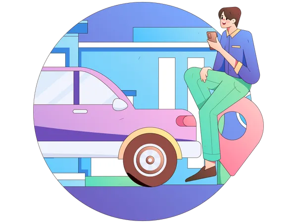 Young man find car using mobile application  Illustration