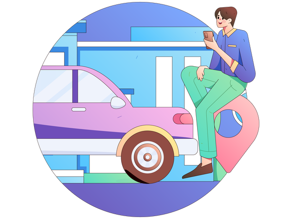 Young man find car using mobile application  Illustration