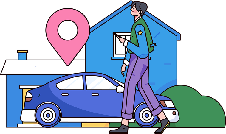 Young man finding car location  Illustration