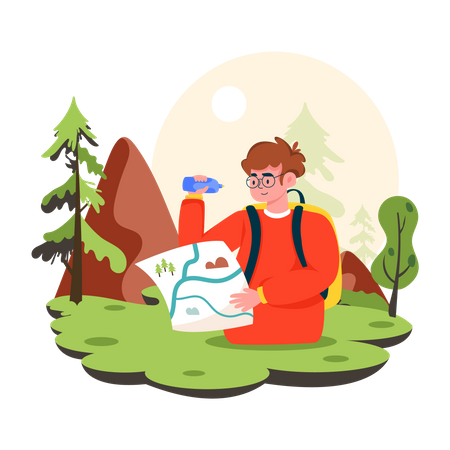Young man finding location in traveler map  Illustration