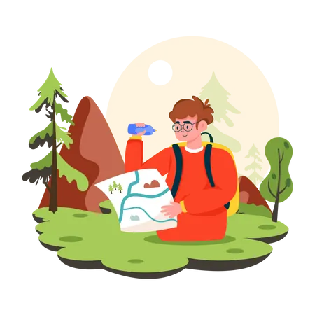 Young man finding location in traveler map  Illustration