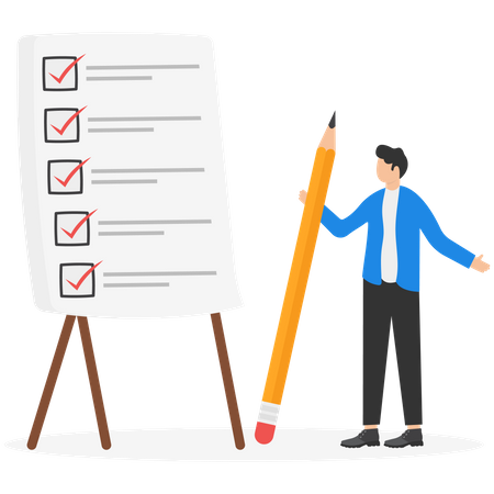 Young man finishing project task checklist  Illustration