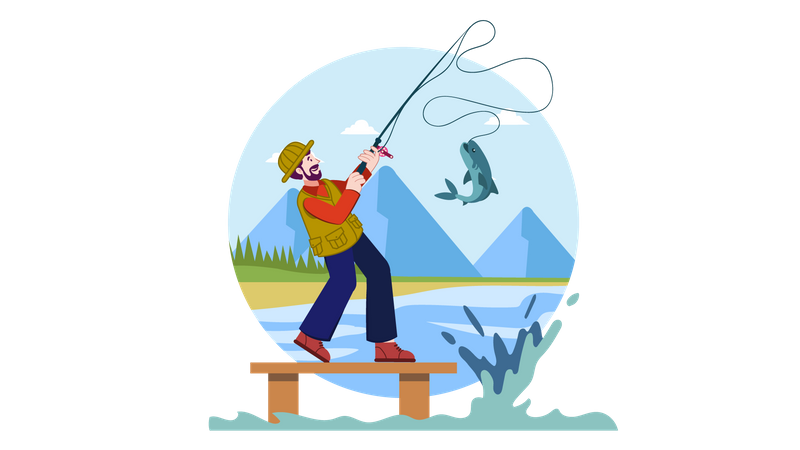Young man finishing using fishing rope Illustration