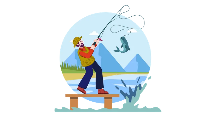 Young man finishing using fishing rope  Illustration