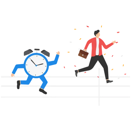 Time Management For Work Efficiency Finishing Work Or Project Before Run Out Of Time Smart Businessman Crossed The Finish Line Before Time Opponent Illustration