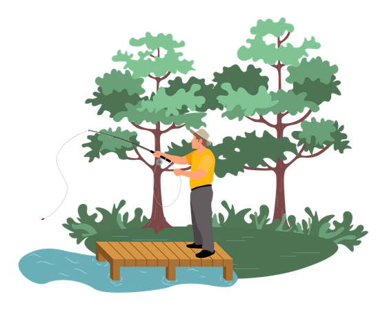 Young man fishing at forest Illustration