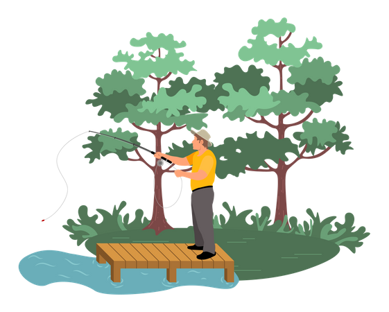 Young man fishing at forest  Illustration