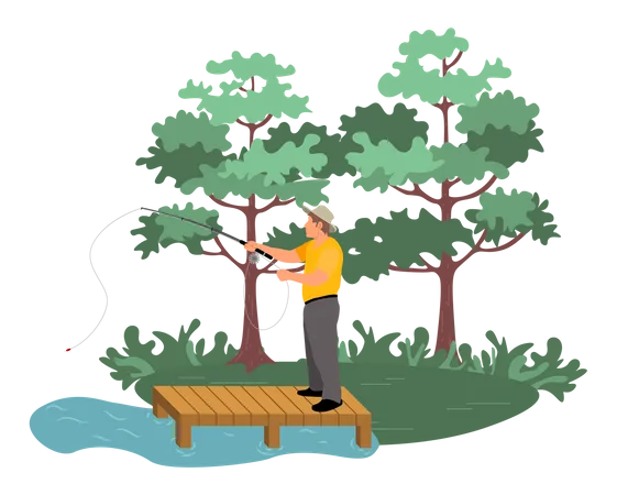 Young man fishing at forest  Illustration