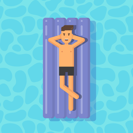 Young man floating on a mattress in a swimming pool  Illustration