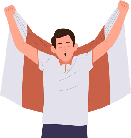 Young man football fan holding flag and screaming loudly supporting favorite team  Illustration