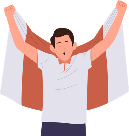 Young man football fan holding flag and screaming loudly supporting favorite team  Illustration