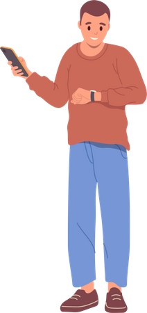 Young man freelancer holding phone and looking at wristwatch Illustration