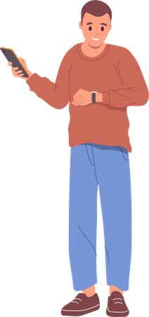 Young man freelancer holding phone and looking at wristwatch  Illustration