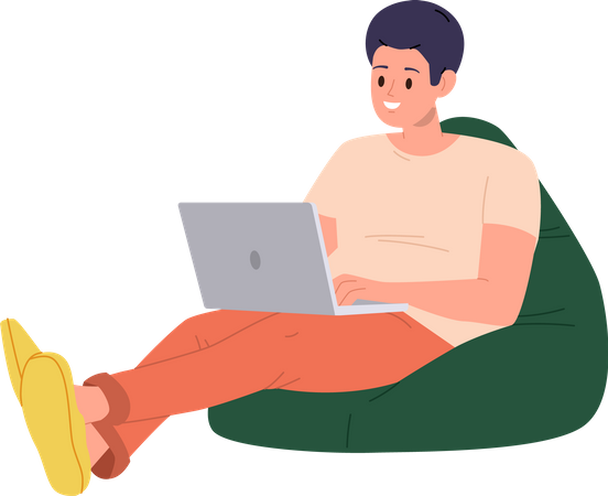 Young man freelancer sitting on soft bean bag with laptop computer  Illustration