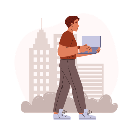 Young man freelancer walking confidently with laptop in hands  Illustration