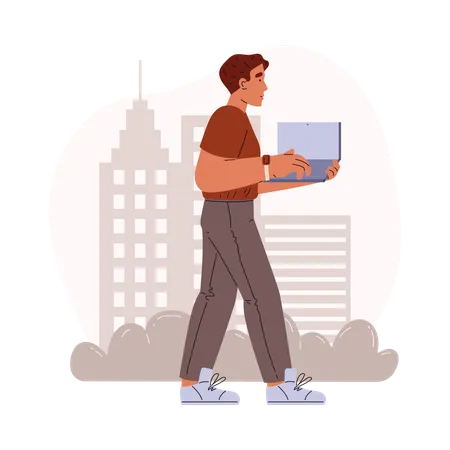 Young man freelancer walking confidently with laptop in hands  Illustration