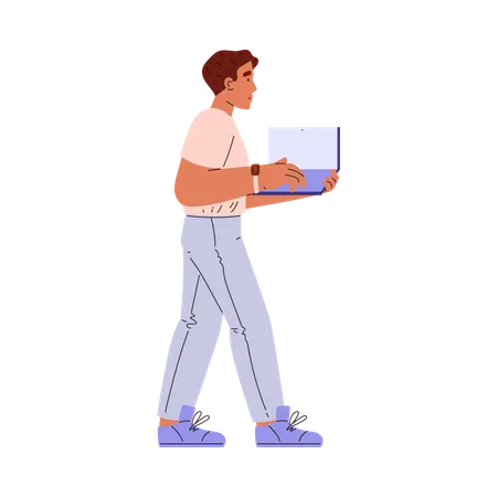 Young man freelancer walking confidently with laptop in hands  Illustration