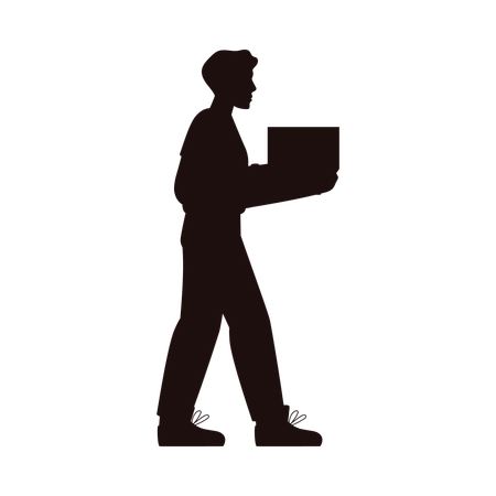 Young man freelancer walking confidently with laptop in hands  Illustration