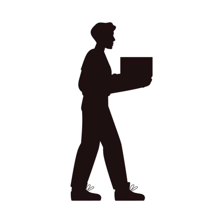 Young man freelancer walking confidently with laptop in hands  Illustration