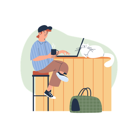 Young man freelancer working and drinking coffee  Illustration