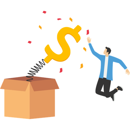 Young man getting award and bonus money  Illustration