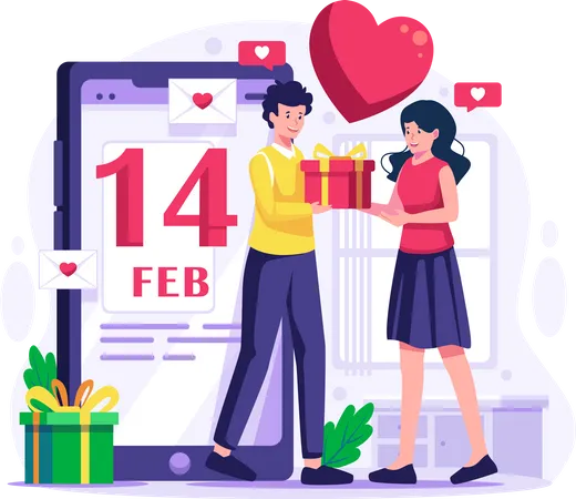 Young Man Giving A Gift To His Girlfriend Couple In Love Celebrating Valentines Day Or Birthday Concept Illustration Illustration