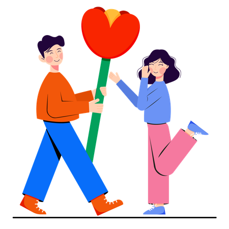 Young man giving big flower to his girlfriend  Illustration