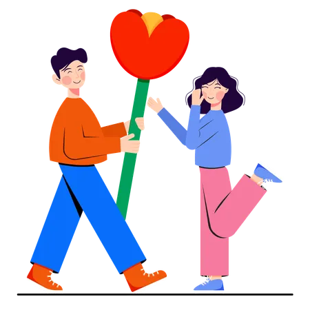 Man Giving A Big Flower To His Girlfriend Illustration