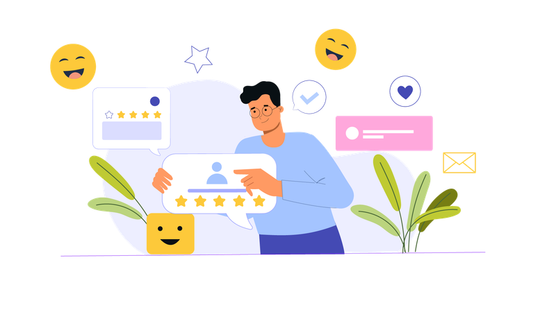 Young man giving five stars rating  Illustration