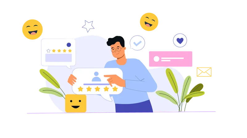 Young man giving five stars rating  Illustration