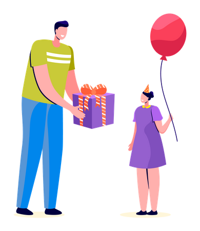 Young man giving gift box to little girl Illustration