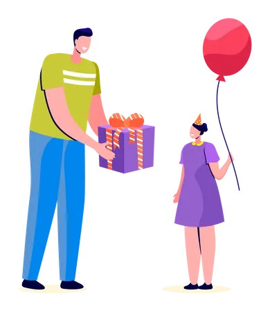Young man giving gift box to little girl Illustration