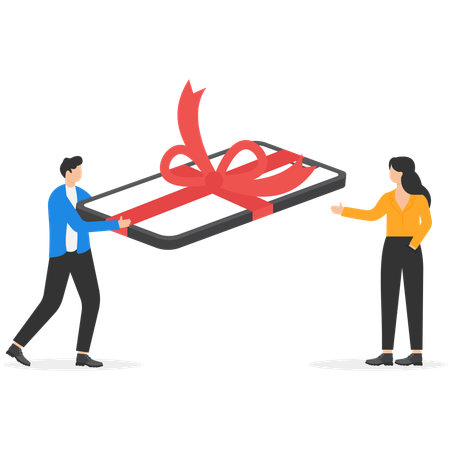 Young man giving mobile with red ribbon and bow  Illustration