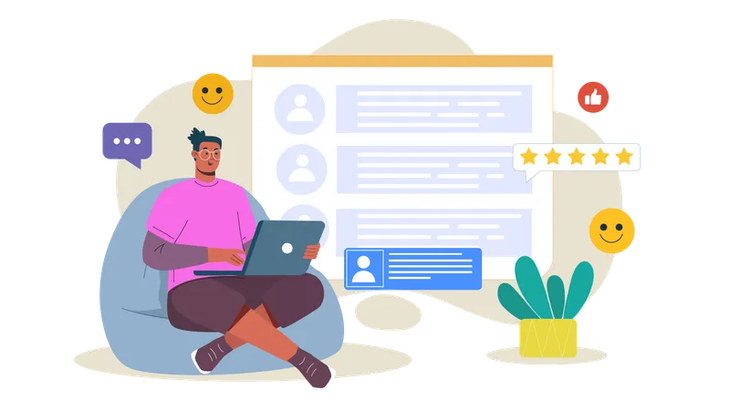 Young man giving online customer feedback  Illustration