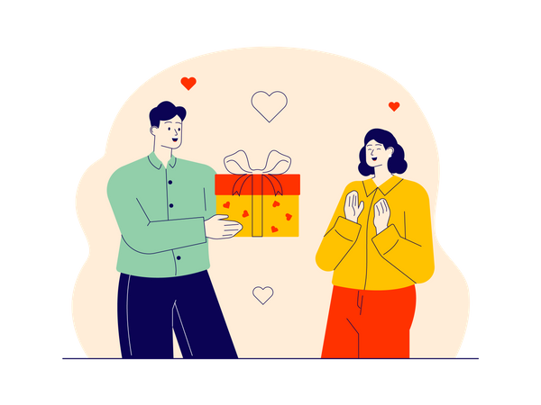 Young man giving surprise gift to his wife  Illustration