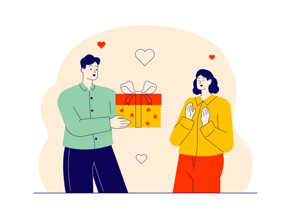 Young man giving surprise gift to his wife  Illustration