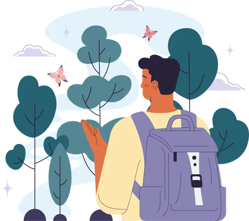 Young man going to outdoor with backpack  Illustration