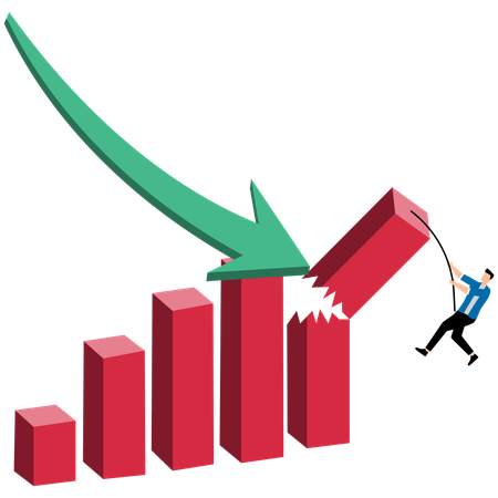 Young man hanging on edge of broken bar graph to survive after falling graph attack  Illustration