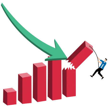 Young man hanging on edge of broken bar graph to survive after falling graph attack  Illustration