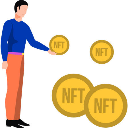 Young man has NFT coins  Illustration