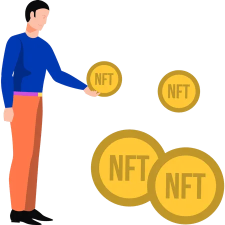 Young man has NFT coins  Illustration