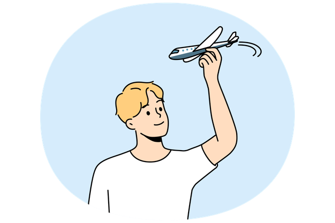Young man have fun playing with airplane model  Illustration