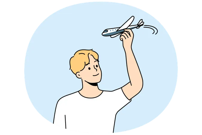 Young man have fun playing with airplane model  Illustration