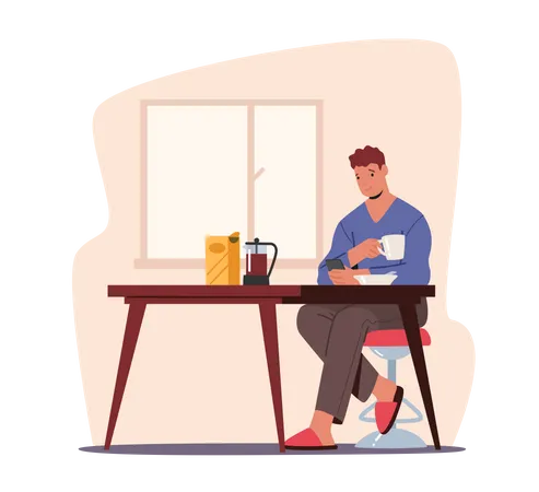Gadget Addiction Cellphone Communication Young Man Or Teenager Having Breakfast With Smartphone In Hands Male Character Look On Phone Screen Write Messages In Internet Cartoon Vector Illustration Illustration